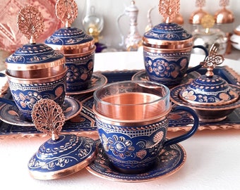 Turkish Tea Set Blue, Turkish Copper Tea Set, Copper Tea Cups Tea Pot, Housewarming Gift, Unique Gifts, Copper Gift Ideas, Anniversary Gifts