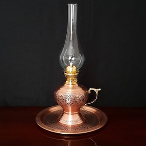 Copper oil lamp & tray, victorian lamp, bohemian decor, kerosene lamp, anniversary gifts, housewarming gift, table decor, anniversary gifts