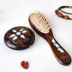 Mother of Pearl Inlaid Wood Mirror and Comb Set: Handmade Compact Purse Mirror