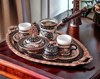 Turkish Coffee Cup Set, Copper Coffee Pot, Turkish Copper, Arabic Tray, Turkish Coffee Set, Copper Serving Tray, Anniversary Gifts, Rustic