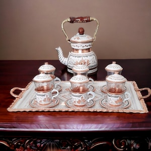 Handcrafted Turkish Copper Tea Set: Engraved Teapot & Glasses