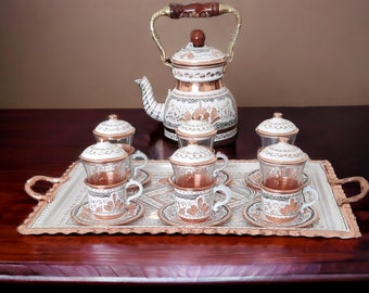 Turkish tea set, copper tea set, turkish tea glasses, copper tea cups, copper teapot, wedding gift, anniversary gifts, housewarming gifts