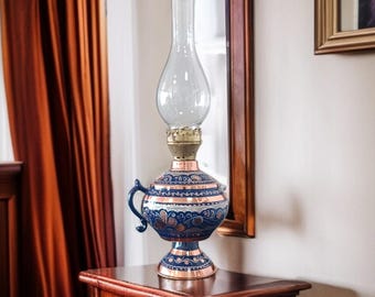 Copper oil lamp, victorian oil lamp, art deco oil lamp, luxury home decor, bohemian decor, anniversary gifts, wedding favors, kerosene lamp