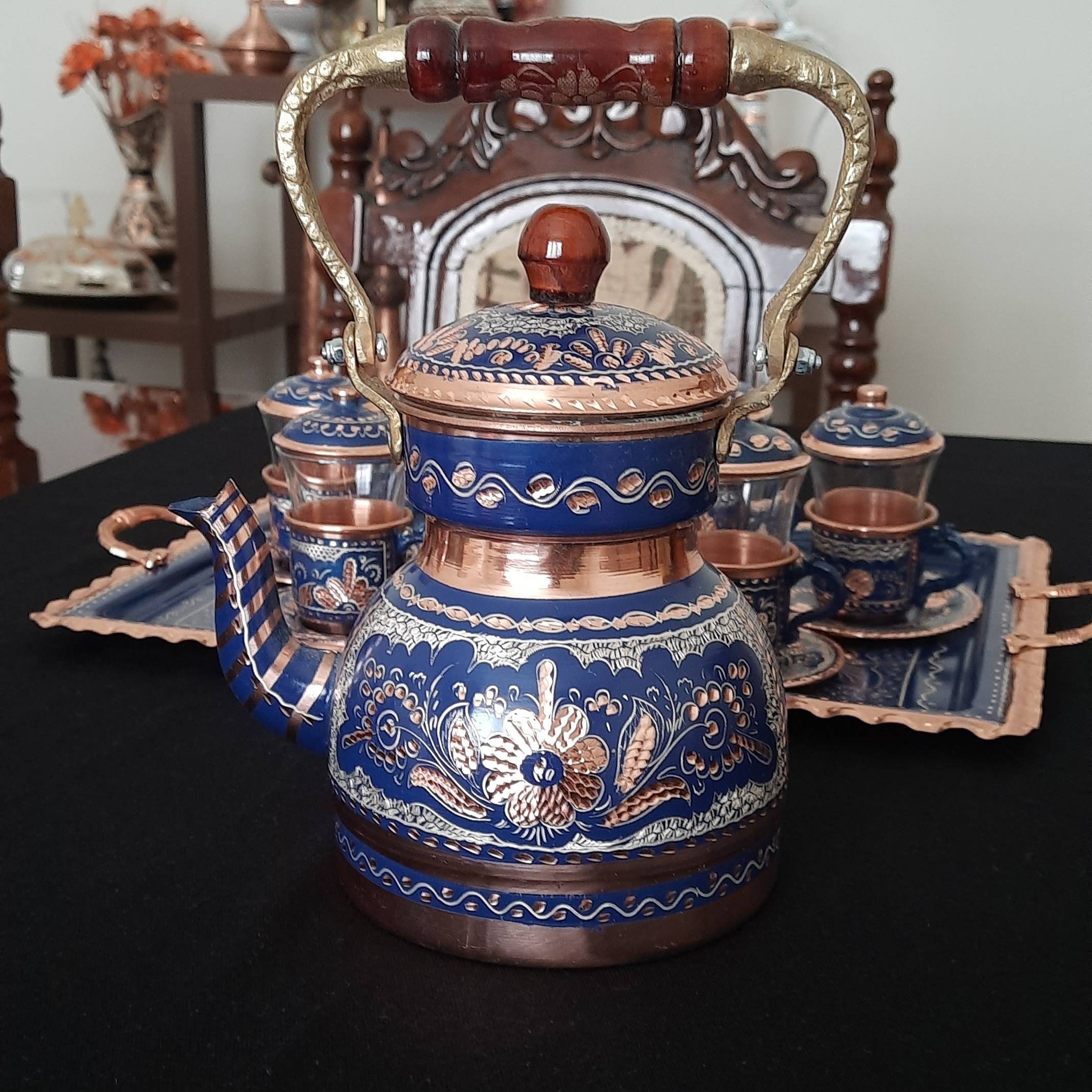 Turkish Tea Set Copper, Turkish Tea Glasses, Copper Tea Cups, Tea Pot ...