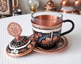 Turkish tea cups copper, coffee cup, cappucino cup and saucer, expresso cup, turkish tea cup, copper gifts, birthday gift, unique gift ideas