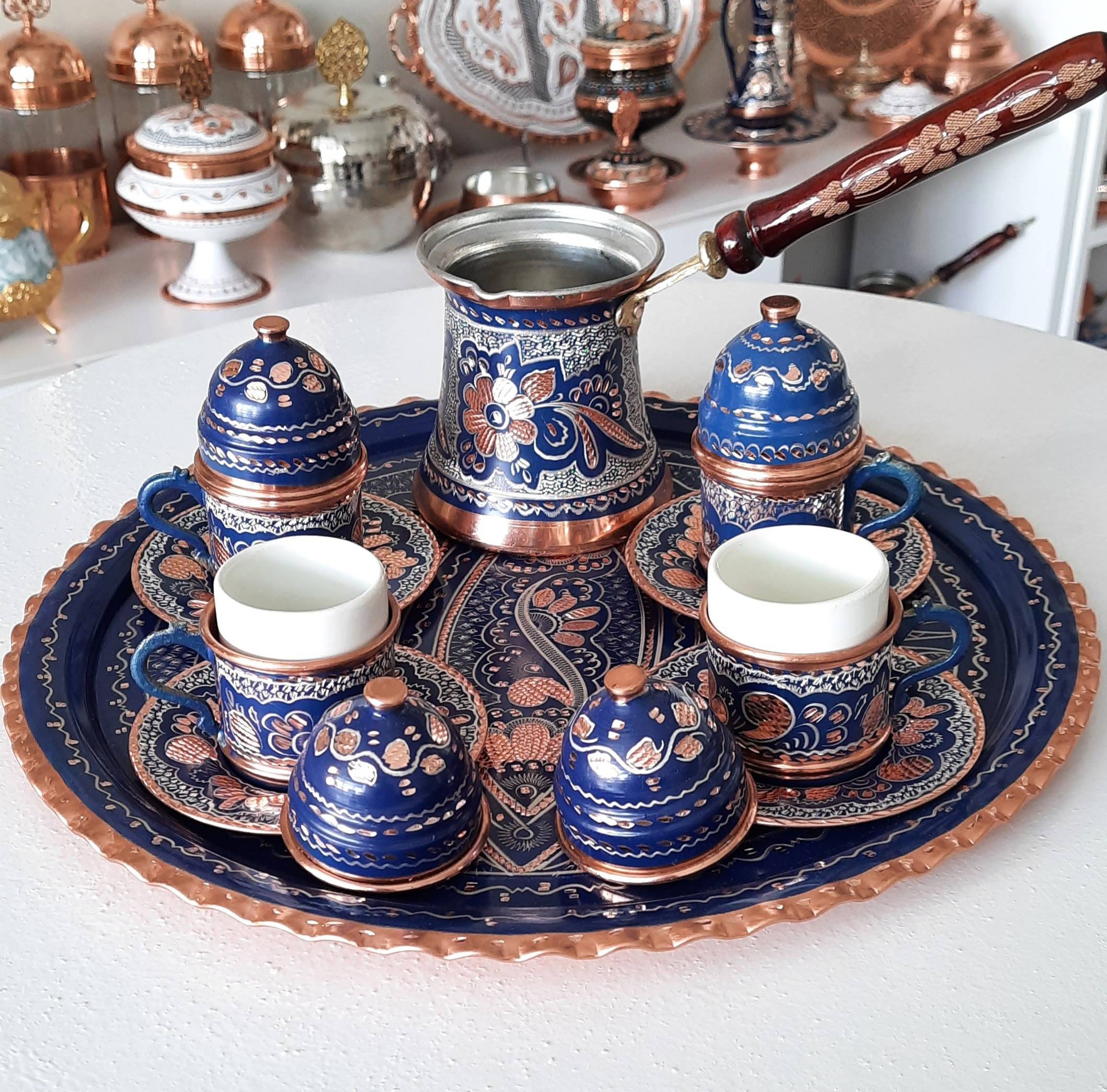  Turkish Copper Coffee Set for 2, Arabic Greek Coffee Serving Set,  Espresso Service Tray, Pure Copper Coffee Cups.. : Home & Kitchen