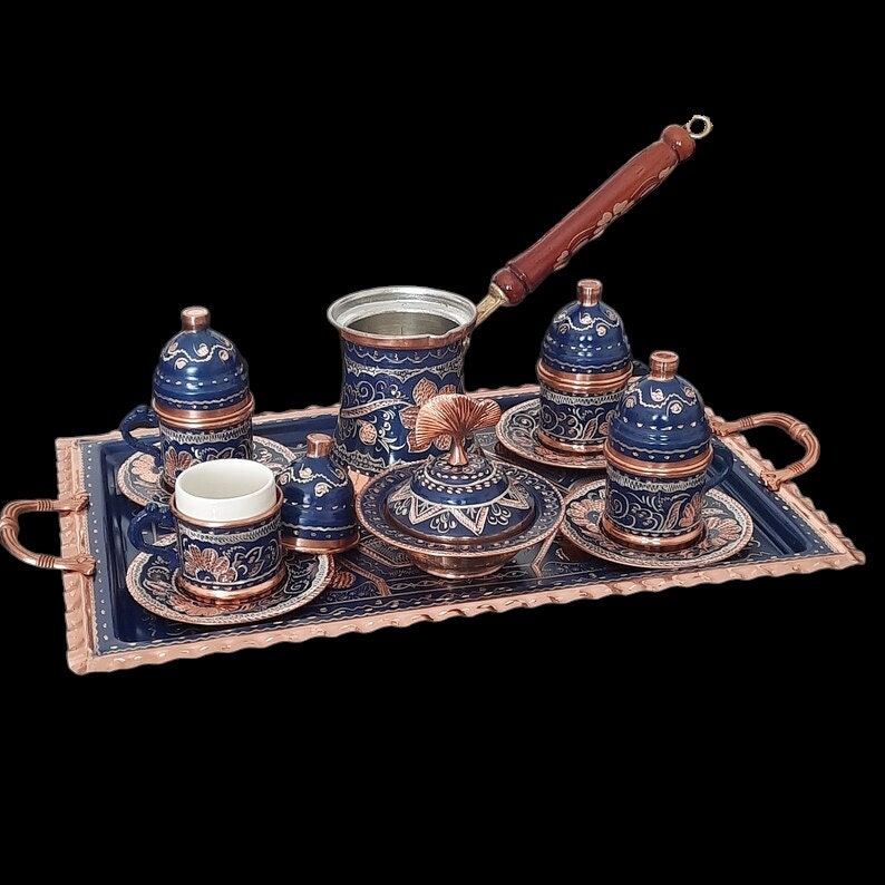 Turkish coffee set, copper coffee set, turkish coffee cup, arabic coffee set, housewarming gift, wedding gift, copper serving tray, rustic image 2