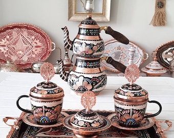 Turkish Tea Set, Copper Tea Set, Turkish Tea Cups, Copper Tea Pot
