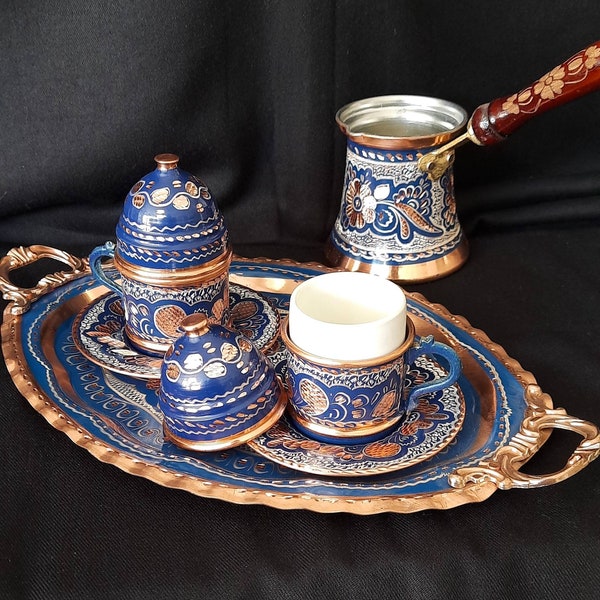 Turkish Coffee Set, Copper Coffee Cup Set Blue, Arabic Coffee Set, Turkish Tray, Copper Serving Tray, Copper Gift Ideas, Anniversary Gifts