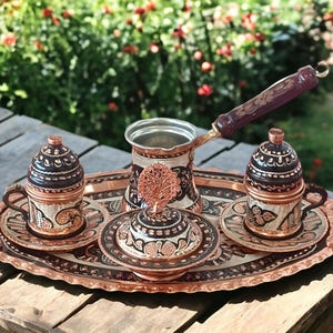 Turkish Coffee Set, Turkish Copper Coffee Pot, Turkish Coffee Cup Set, Copper Serving Tray, Anniversary Gifts, Home Gifts, Holiday Gifts