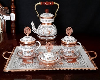 Turkish Tea Set, Copper Tea Set, Tea Pot, Copper Tea Cups, Turkish Tray, Expresso Cups, Housewarming Gift, Anniversary Wife, Unique Gifts