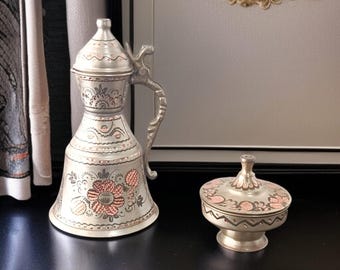 Decorative copper items, small pitcher & bowl with lid, copper decor, anniversary gifts, housewarming gift, birthday gift, rustic home decor