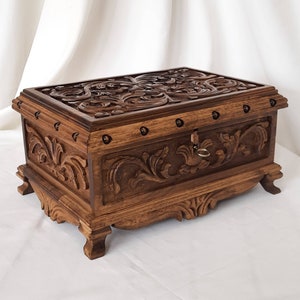 Vintage Wooden Jewelry Box, Handcrafted Gift for Women, Large Treasure Chest, Jewelry Box, Handmade Wooden Treasure Chest, Anniversary Gift