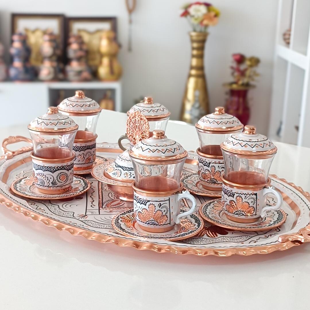 Turkish Tea Set Copper, Unique Teapot Set, Copper Tea Cups