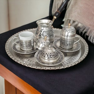 Juego de café turco, juego de tazas de café de cobre, ideas de regalo únicas, cafetera de cobre, bandeja turca, rústico, regalos de aniversario, regalo para casa nueva