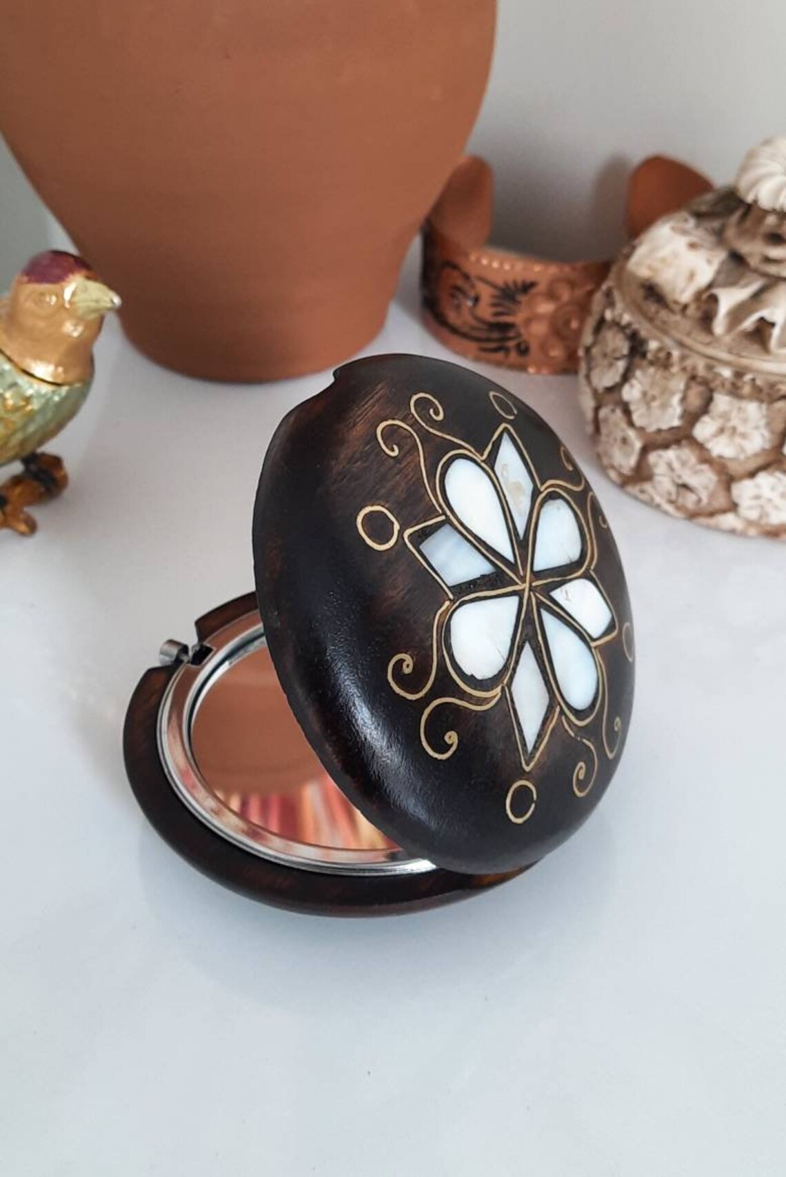 Handbag Mirror Travel Makeup Mirror Pearl Mirror Wooden Etsy