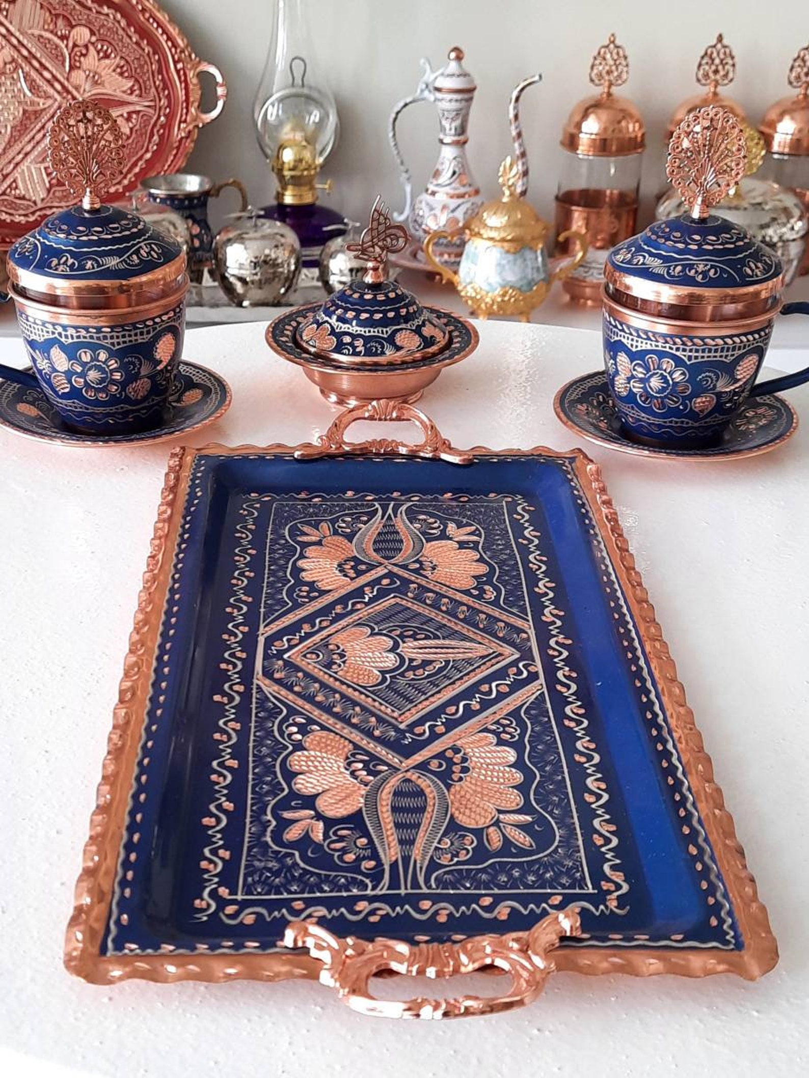 Turkish Tea Set Blue, Turkish Copper Tea Set, Copper Tea Pot Set ...