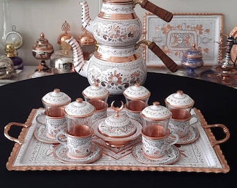 Turkish tea set copper, copper tea set, copper tea cups, copper tea pot, wedding gift, anniversary wife, home gifts, housewarming gift