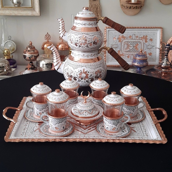 Turkish tea set copper, copper tea set, copper tea cups, copper tea pot, wedding gift, anniversary wife, home gifts, housewarming gift