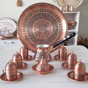 Turkish Coffee Set, Copper Coffee Cup Set, Arabic Coffee Set, Wedding Gift, Turkish Coffee Pot, Unique Gift Ideas, Handcrafted Copper Gifts