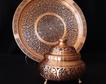 Decorative Copper Set, Copper Serving Tray and Candy Bowl, Housewarming Gift, Wedding Gift, Table Centerpiece, Rustic Home, Gifts for Host