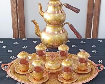 Set Da Tè Turco Nostalgico Per 6 Persone | 12 Pezzi In Vetro Con Piattini E Coperchi, Stile Vintage (Argento)