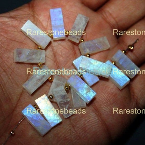 Natural Rainbow moon stone, 10 Pieces, both side flat gemstone, natural gemstone, top drill moon stone, Rectangle shape stone size 7x16 mm