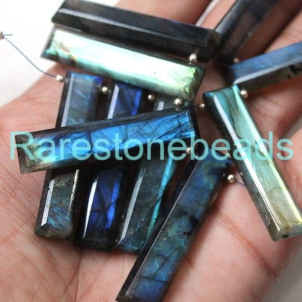 Natural Blue Flash Labradorite, 10 pièces, pierre précieuse percée sur le dessus, rectangle de forme longue, pierre Labradorite, pierre bleue flashy taille 7x27 mm