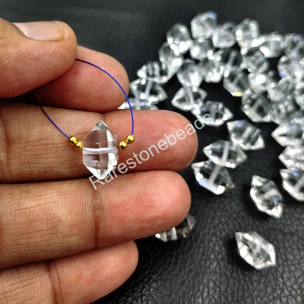 Diamant Herkimer, 10 pièces, pierre précieuse percée, pierre précieuse de quartz clair, cristal à facettes, cristal en forme de diamant Herkimer, taille des perles 7 x 14 mm