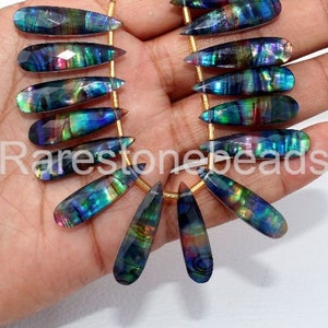 10 Pieces Ammolite quartz gemstone, Top drilled stone, Long shape pear for earring, Ammolite Color Glass, drilled gemstone, size 8x30 mm
