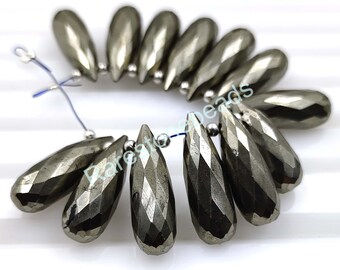 Natural Pyrite, 10 Pieces, Drilled gemstone, Pyrite beads, Faceted gemstone, Loose Pyrite beads, Pyrite Teardrop, pyrite stone size 7x20 mm