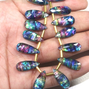 10 pieces ammolite gemstone, drilled gemstone, ammolite jewelry, ammolite beads, fancy shape stone, ammolite glass, ammolite size 8x20 mm