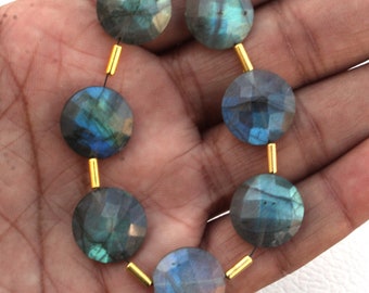 May include: A strand of round, faceted labradorite beads with a blue-green iridescent sheen. The beads are strung on a black cord with gold-colored spacers.