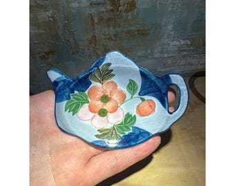 Vintage Style Hand Painted Floral Teapot Tea Bag Rest Trinket Dish Blue Orange