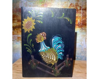 Vintage 1984 Bev Wilson Hand Painted Wood Rooster Recipe Box Book Style Drawer