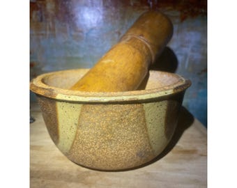 Vintage Studio Pottery Ceramic Mortar and Wood Pestle Set Tan Brown Rustic 6in