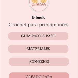 以下が含まれることがあります： Eloscraftのロゴが入った電子書籍の表紙で、かぎ針とかぎ針編みの糸が特徴です。テキストは「E-book Crochet para principiantes」と書かれており、「GUIA PASO A PASO」、「MATERIALES」、「CONSEJOS」、および「CREADO PARA PRINCIPIANTES CON CARIÑO Y PACIENCIA」のセクションがあります。