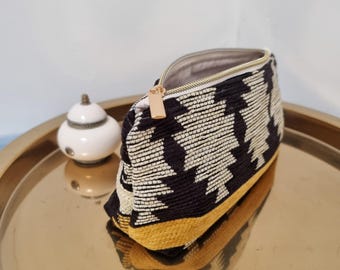 Boho cosmetic bag with geometric patterns in black & yellow