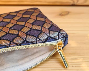 Kleine Kosmetiktasche aus Brokat – Schminktasche Stoff, edle Make-up-Tasche, marokkanischer Brokat in Blau & Silber