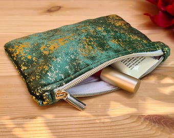 Kosmetiktasche aus samtigem Stoff – Grün mit Goldmuster, Schminktäschchen Orientalisch, Marokkanisches Accessoire