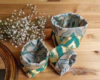 Fabric basket made of Moroccan fabric in green & gold, reversible – handmade in Hamburg