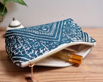 Kosmetiktasche Brokat handgemacht – Orientalische Schminktasche mit Innenfach – marokkanischer Stoff Petrol Creme