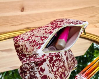 Kosmetiktasche aus marokkanischem Brokat – elegante Schminktasche handgemacht, Make-up Täschchen in Weinrot & Gold