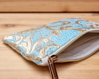 Makeup bag made of Moroccan brocade fabric, floral pattern, blue and gold, oriental look