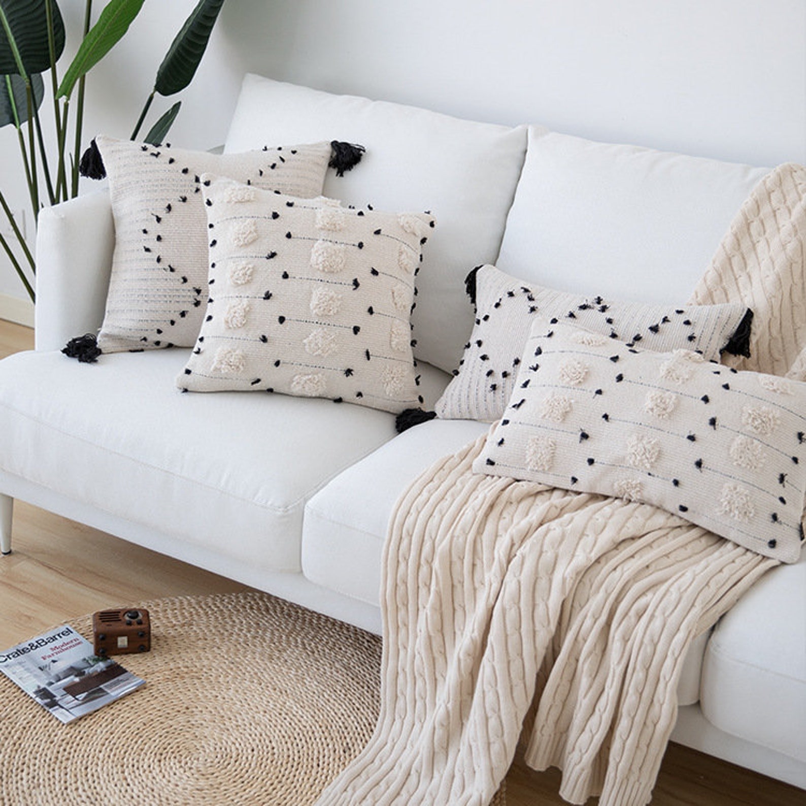 Beige Boho Throw Pillow Covers Black Fringe Pillow Cases Etsy