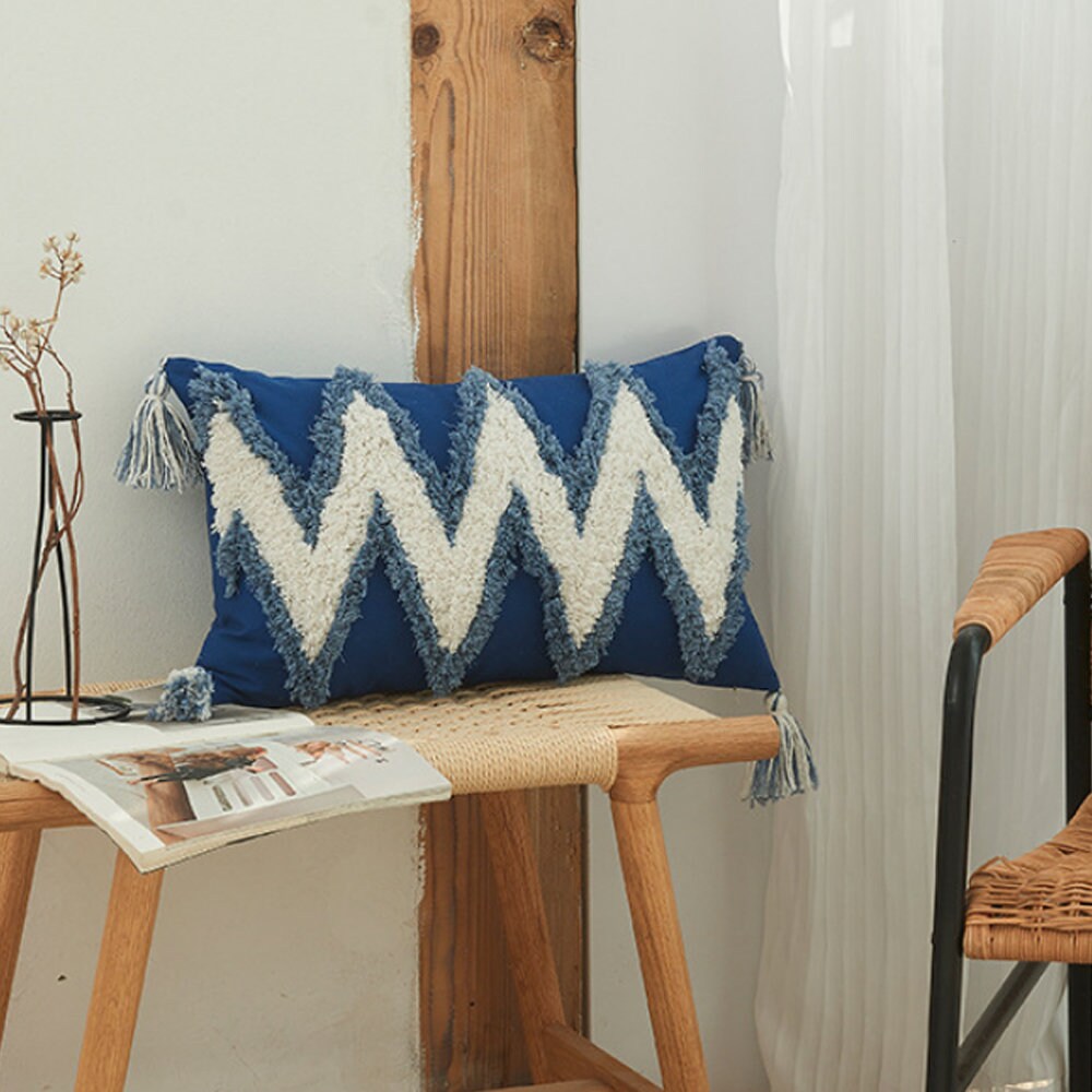 Blue And White Boho Throw Pillow Covers Blue Fringe Pillow Etsy
