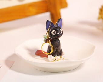 Black Cat Character Pottery Ring Dish, Custom Ceramic Jewel Holder Tray, Wedding Gift, Handmade Anime Jewelry Tray for Everyday Use