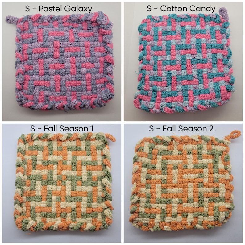 Woven potholders from left to right: Small Pastel Galaxy (colors pink, lavender, and lilac), Small Cotton Candy (colors teal, light blue, pink, and lavender), Small Fall Season 1 (colors orange, yellow, and lots of green), and Small Fall Season 2 (colors lots of orange, yellow, and green)