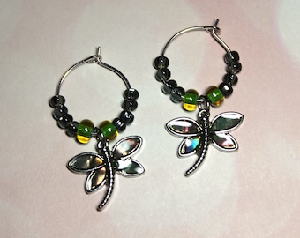 Abalone Butterfly Charm Hoop Earrings: Hypoallergenic Brass
