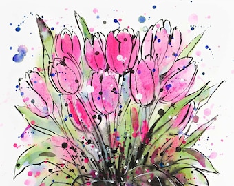 Pintura em aquarela original de tulipas rosa, arte de parede de tulipas, flores de primavera em vaso, floral, natureza morta, decoração de plantas botânicas
